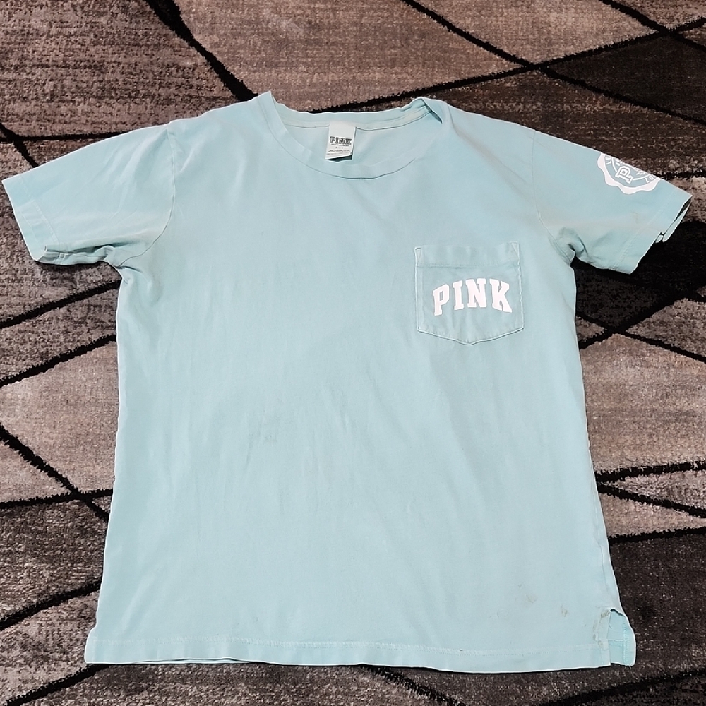 VS PINK 2015 CAMPUS COTTON CREW-NECK TEAL "PINK" LOGO POCKET TEE-SHIRT